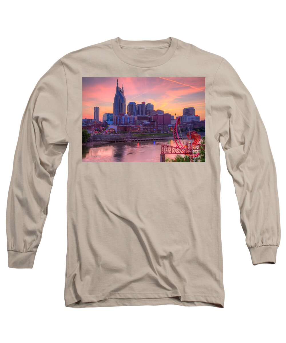 Buildings Long Sleeve T-Shirt featuring the photograph Nashville Sunset by Sue Karski