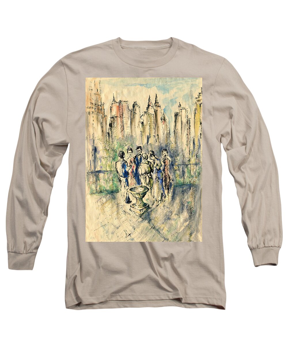 New+york Long Sleeve T-Shirt featuring the drawing New York Roof Party 79 - Watercolor Ink Drawing by Peter Potter