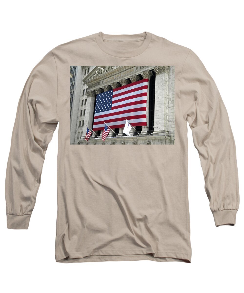 American Flag Long Sleeve T-Shirt featuring the photograph New York Stock Exchange by Joan Reese