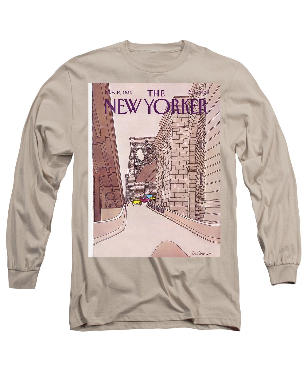 (cars And Taxis Motoring Up The Ramp To The Brooklyn Bridge.) New York City Urban Technology Architecture Automobiles Driving Travel Transportation Roxie Munro Rmu Artkey 47424 Long Sleeve T-Shirt featuring the painting New Yorker November 14th, 1983 by Roxie Munro