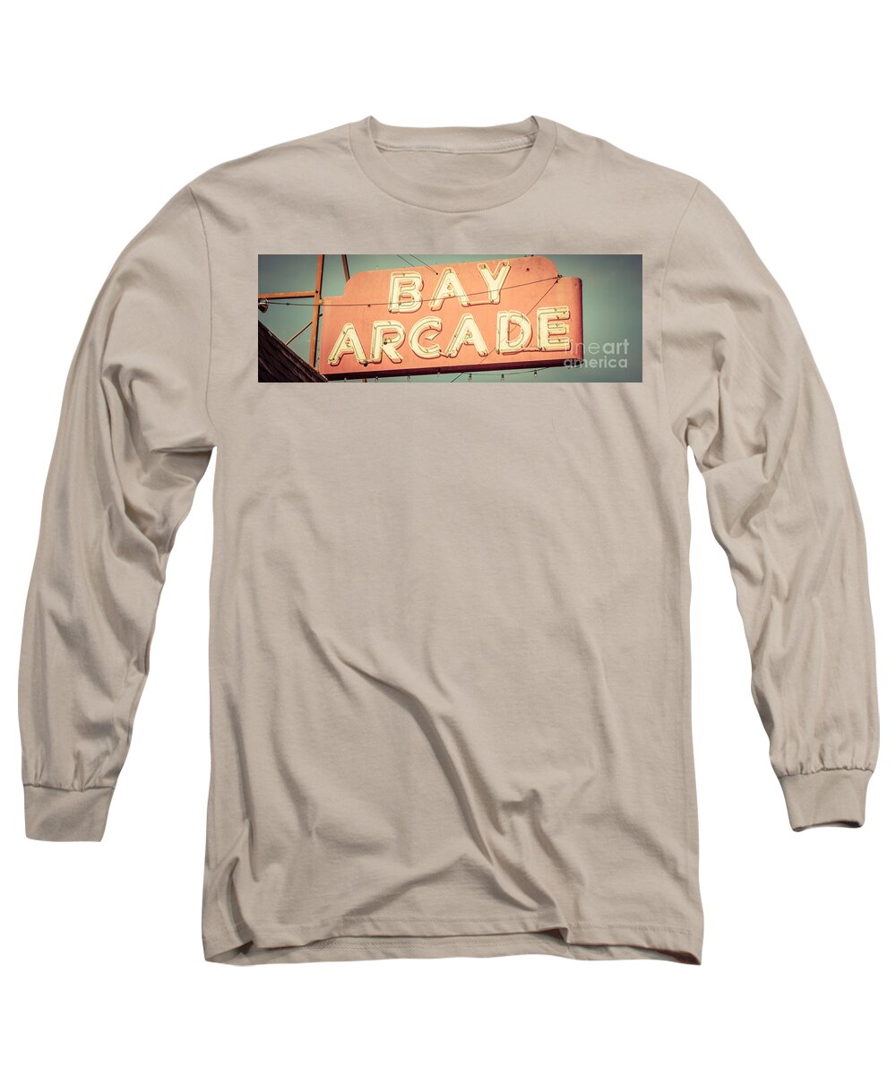 1960s Long Sleeve T-Shirt featuring the photograph Newport Beach Panoramic Retro Photo of Bay Arcade Sign by Paul Velgos