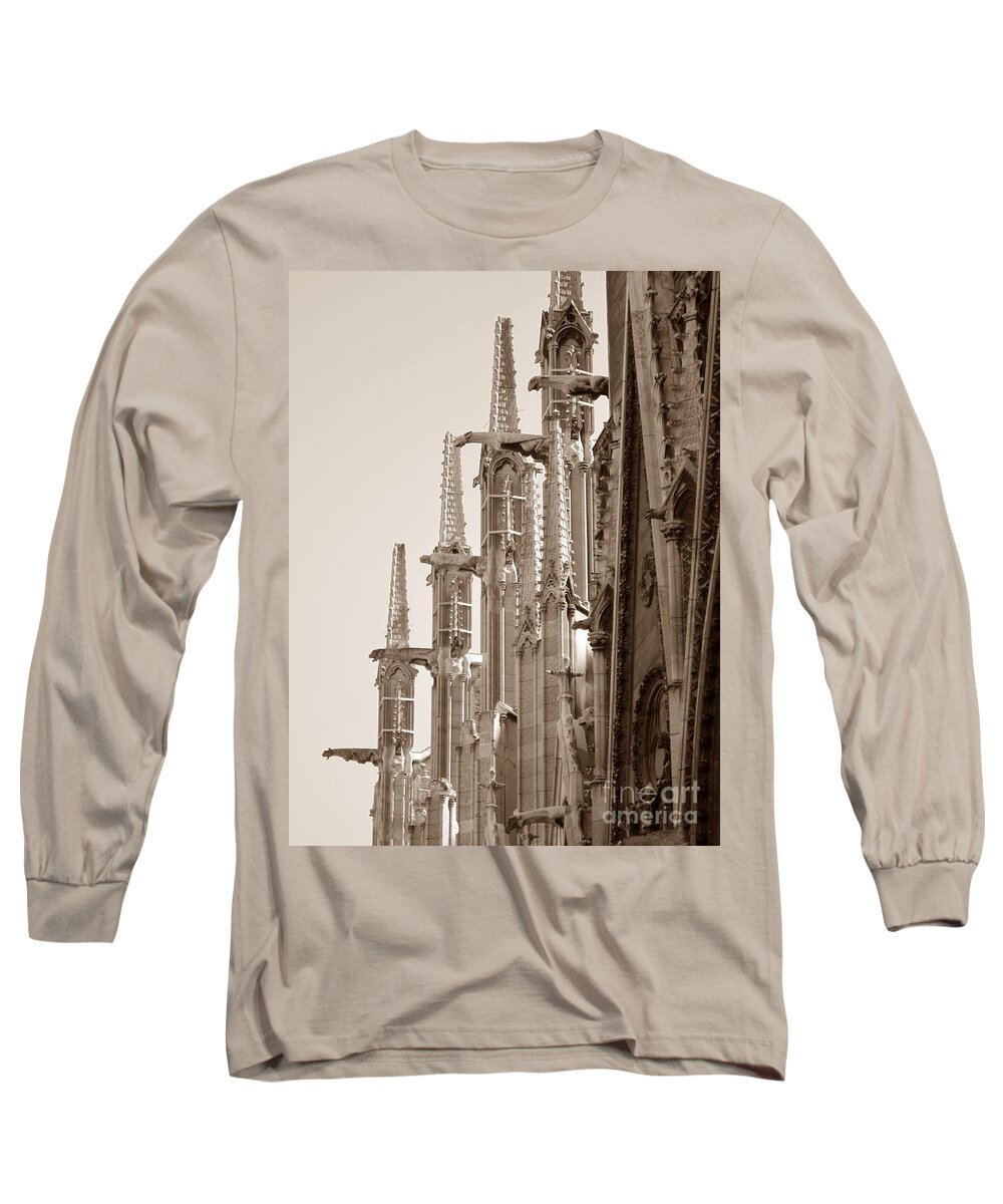 Paris Long Sleeve T-Shirt featuring the photograph Notre Dame Sentries Sepia by HEVi FineArt