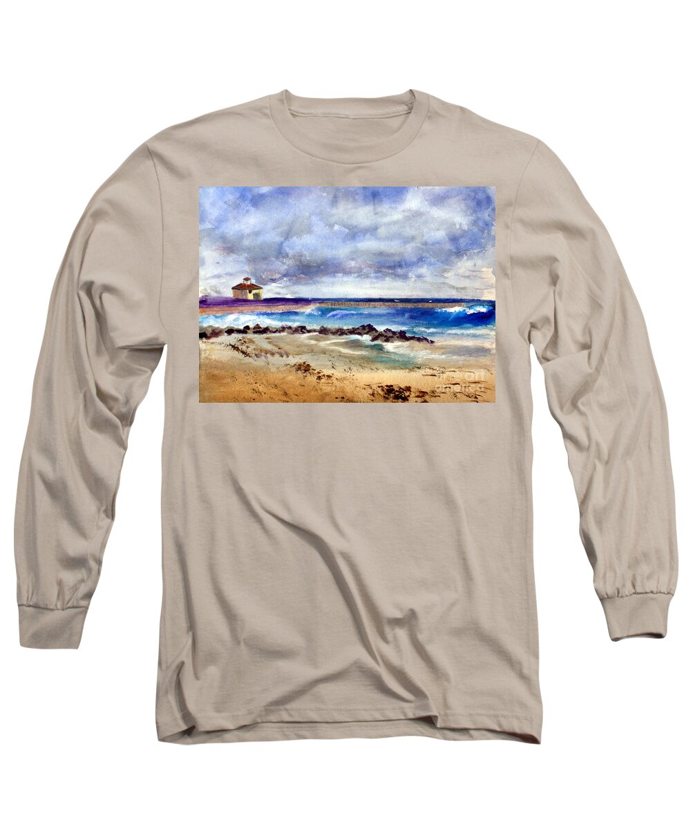  Plein Air Artists Long Sleeve T-Shirt featuring the painting Ocean Inlet Beach in Boynton Beach by Donna Walsh