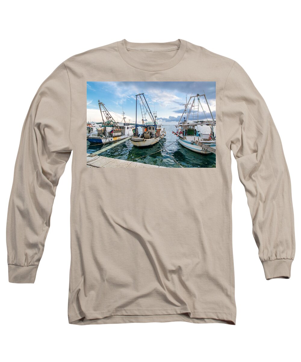 Boat Long Sleeve T-Shirt featuring the photograph Old Fishing Boats In Evening Harbor by Andreas Berthold
