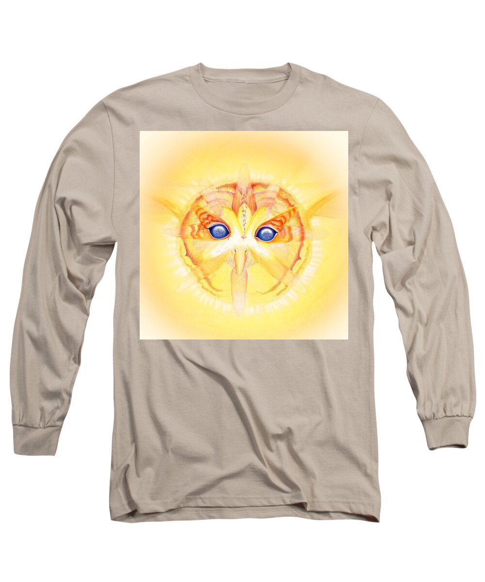 Owl Long Sleeve T-Shirt featuring the drawing Owl Looking Into the Divine Reflection by Robin Aisha Landsong