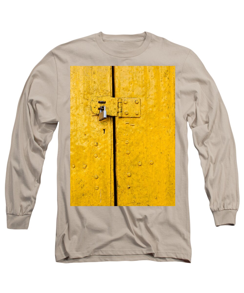 Padlock Long Sleeve T-Shirt featuring the photograph Padlock on an old yellow door by Dutourdumonde Photography