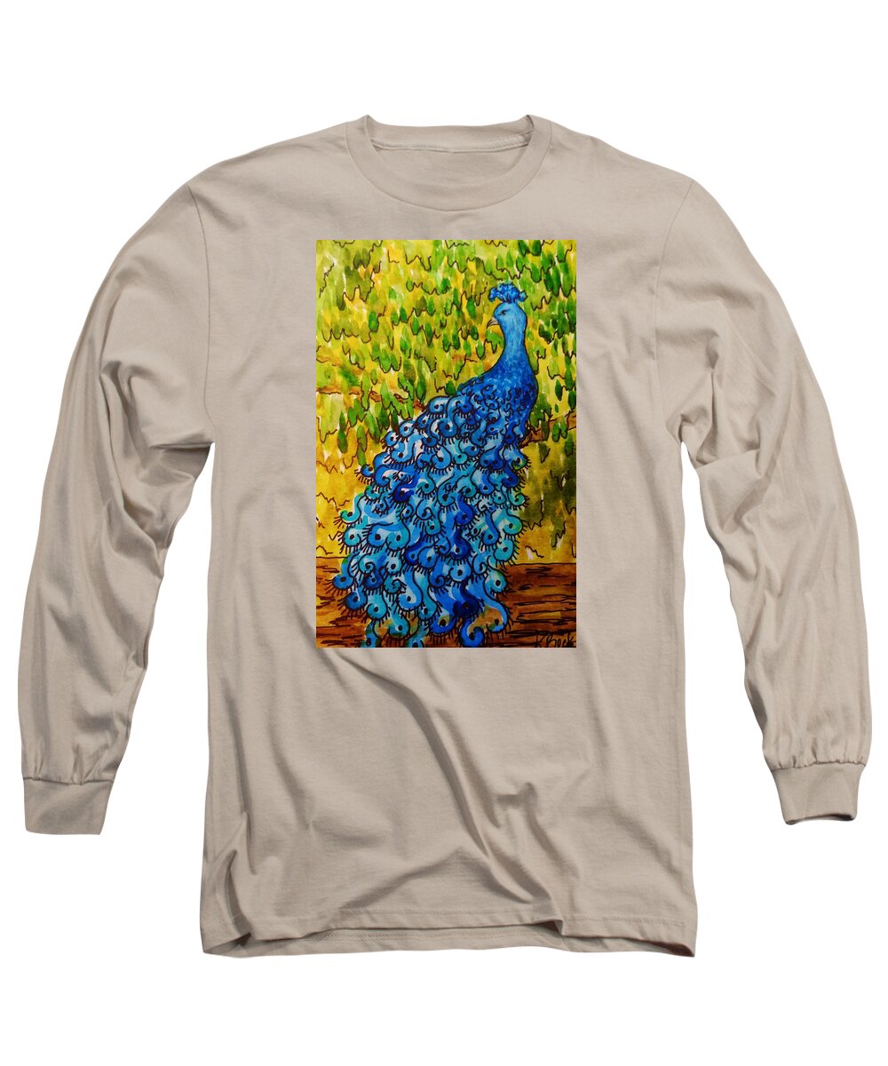 Print Long Sleeve T-Shirt featuring the painting Peacock by Katherine Young-Beck