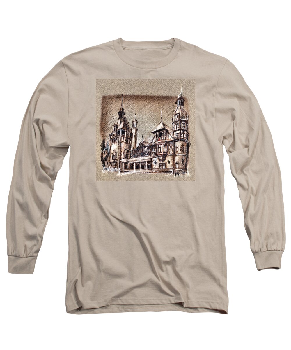 Castels Long Sleeve T-Shirt featuring the drawing Peles Castle Romania Drawing by Daliana Pacuraru