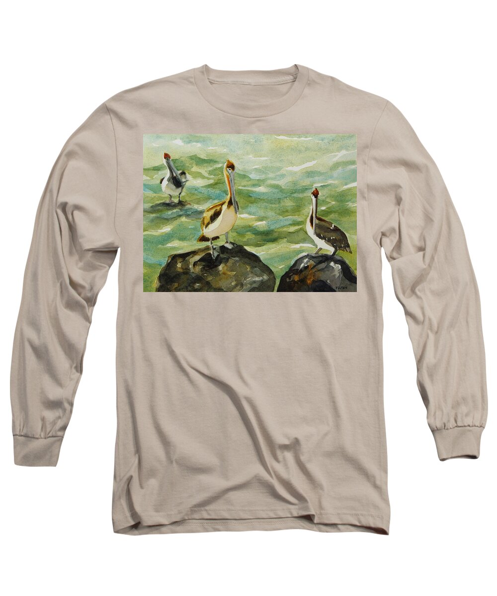 Original Watercolors Long Sleeve T-Shirt featuring the painting Pelicans by Julianne Felton 9-30-13 by Julianne Felton