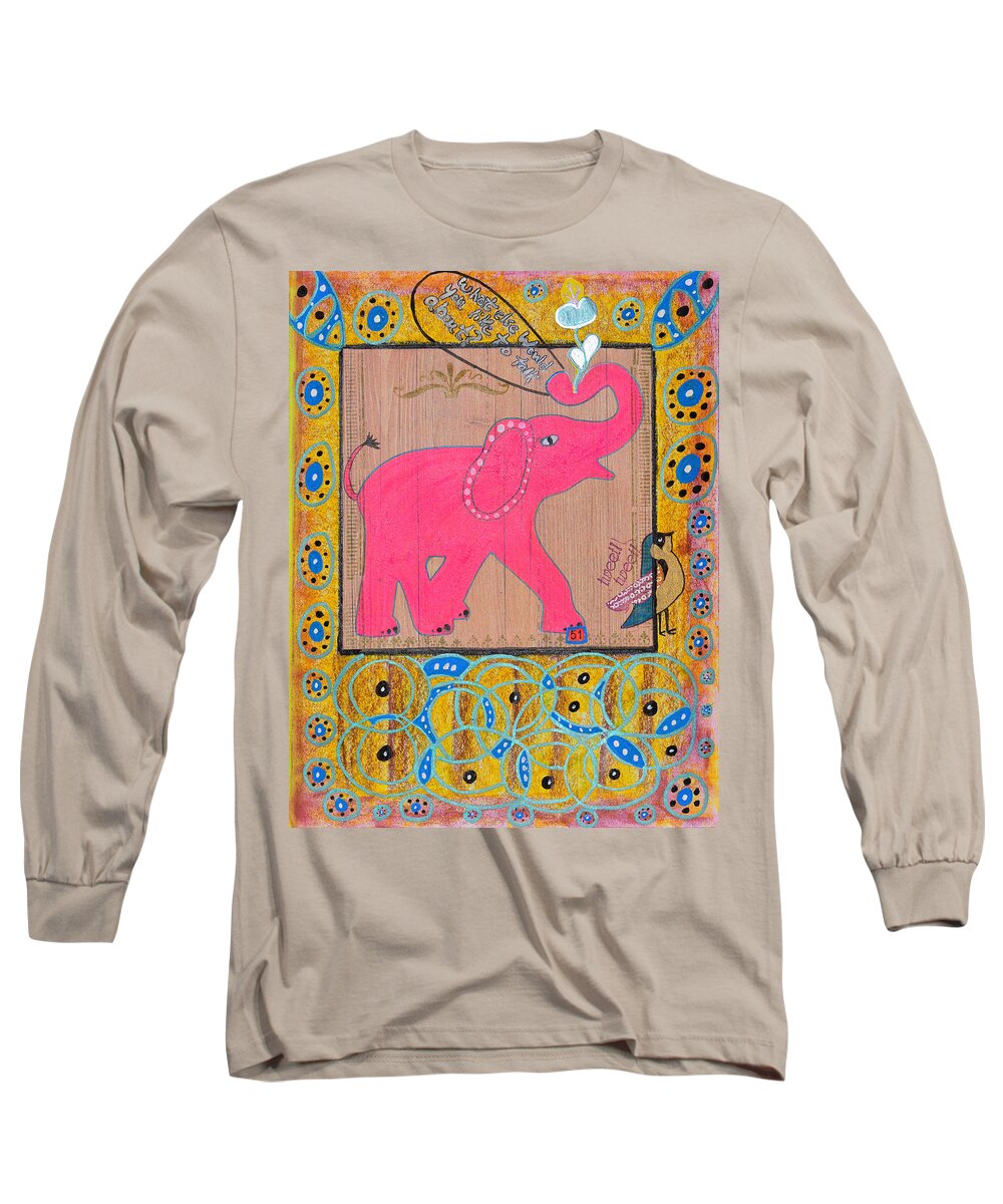 Pink Elephant Long Sleeve T-Shirt featuring the mixed media Pinky by Donna Blackhall