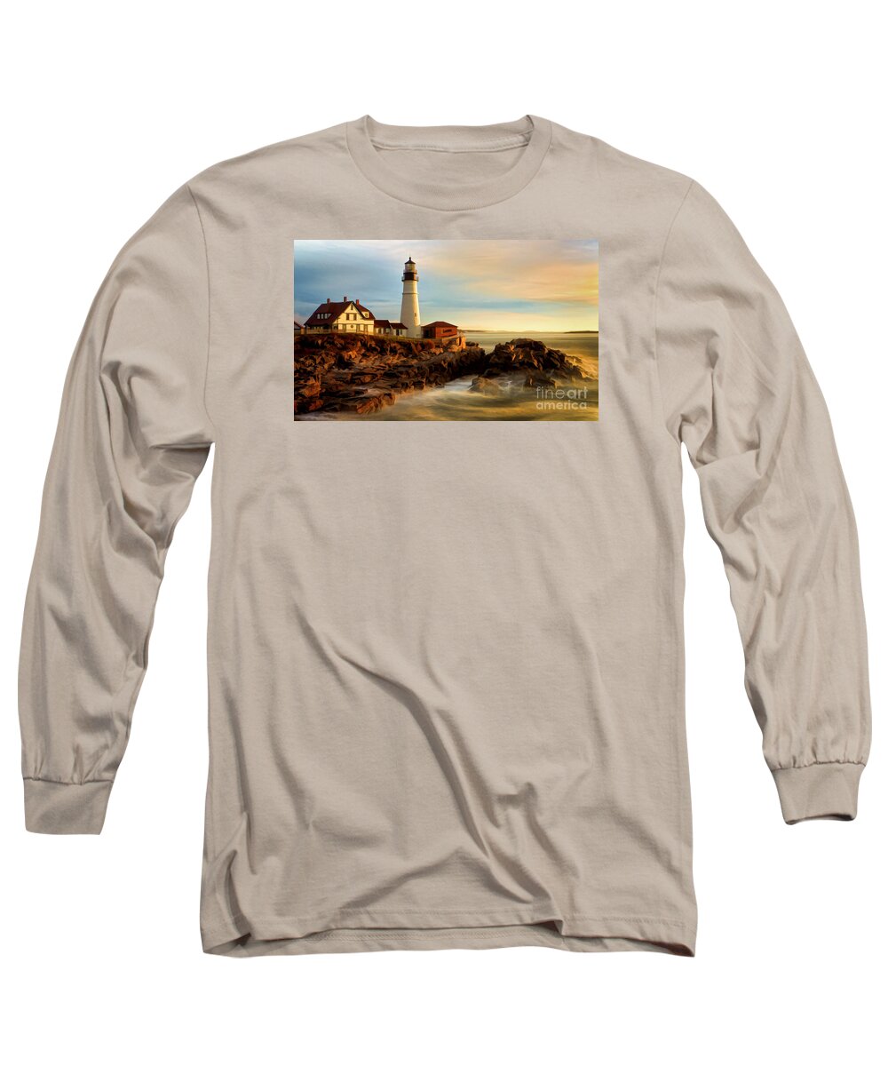 Portland Head Lighthouse Long Sleeve T-Shirt featuring the photograph Portland Head Lighthouse at Dawn by Jerry Fornarotto