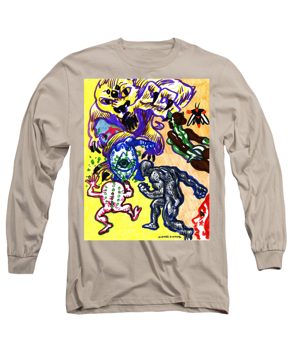 Psychedelic Long Sleeve T-Shirt featuring the drawing Psychedelic Super Battle by John Ashton Golden