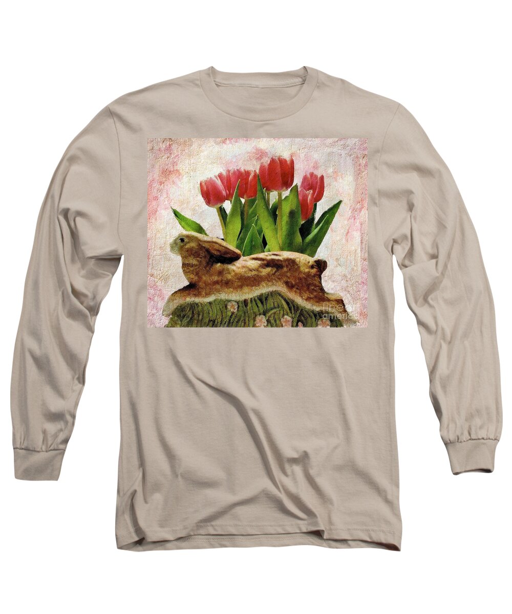 Rabbit Long Sleeve T-Shirt featuring the photograph Rabbit and Pink Tulips by Janette Boyd