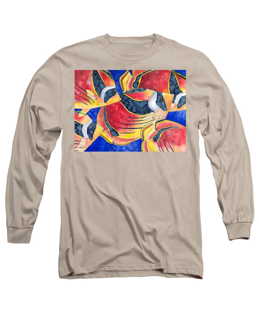 Butterflyfish Long Sleeve T-Shirt featuring the painting Raccoon Butterflyfish by Pauline Walsh Jacobson