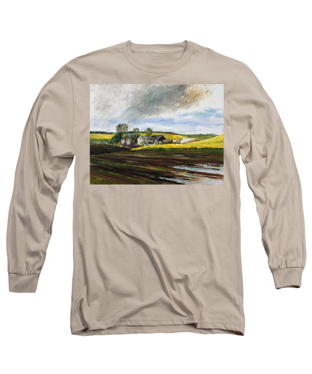 Barbara Pommerenke Long Sleeve T-Shirt featuring the painting Rape Fields Around Kastanienhof Bentwisch by Barbara Pommerenke