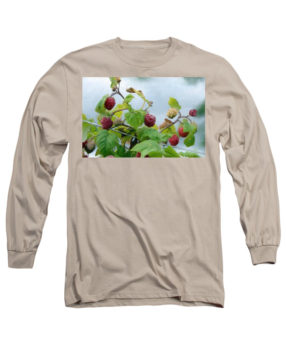 Agriculture Long Sleeve T-Shirt featuring the digital art Raspberries on a fence by Debra Baldwin