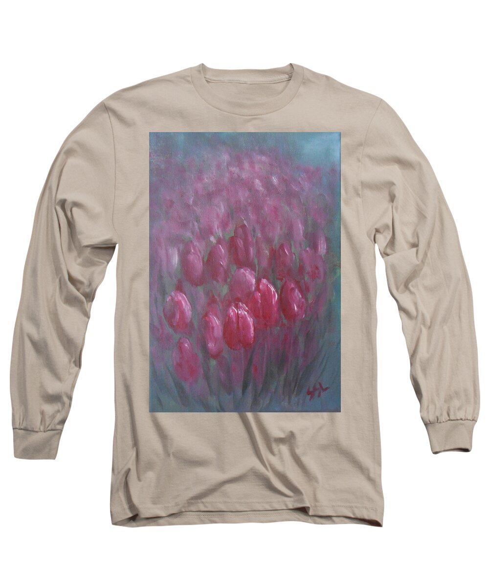Abstract Long Sleeve T-Shirt featuring the painting Red Tulips by Jane See