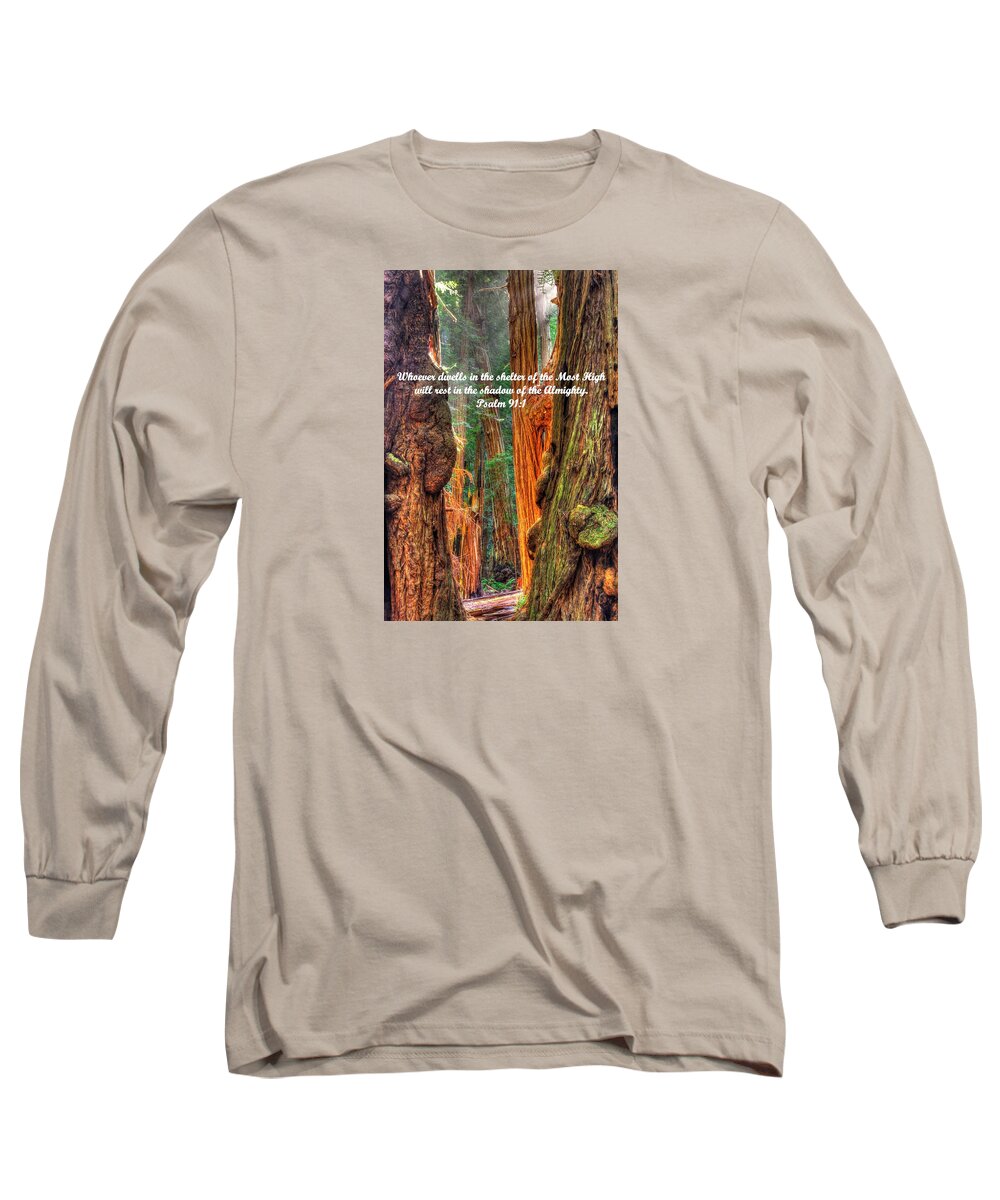 California Long Sleeve T-Shirt featuring the photograph Rest in the Shadow of the Almighty - Psalm 91.1 - From Sunlight Beams Into the Grove at Muir Woods by Michael Mazaika