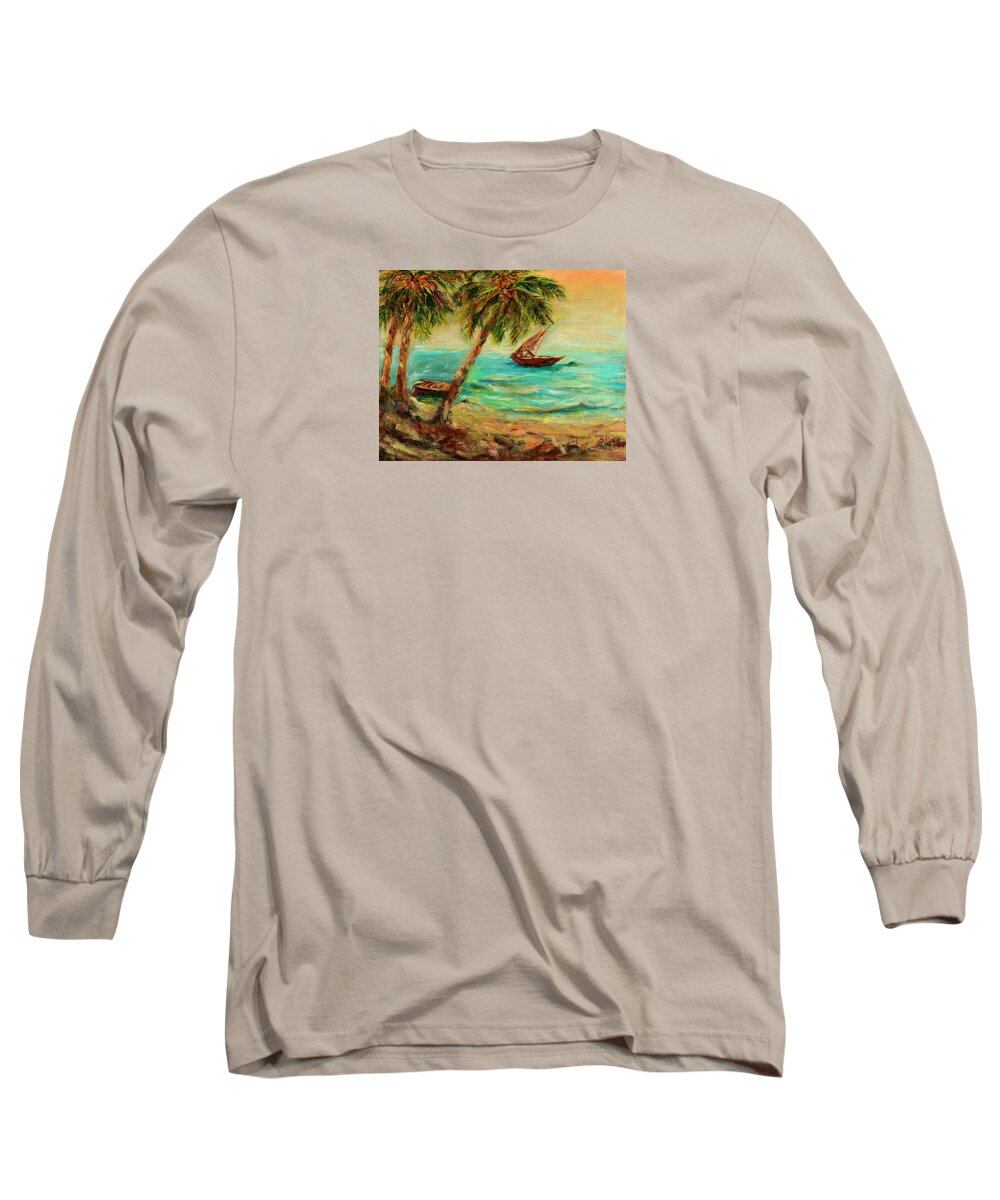 Indian Ocean Long Sleeve T-Shirt featuring the painting Sail boats on Indian Ocean by Sher Nasser