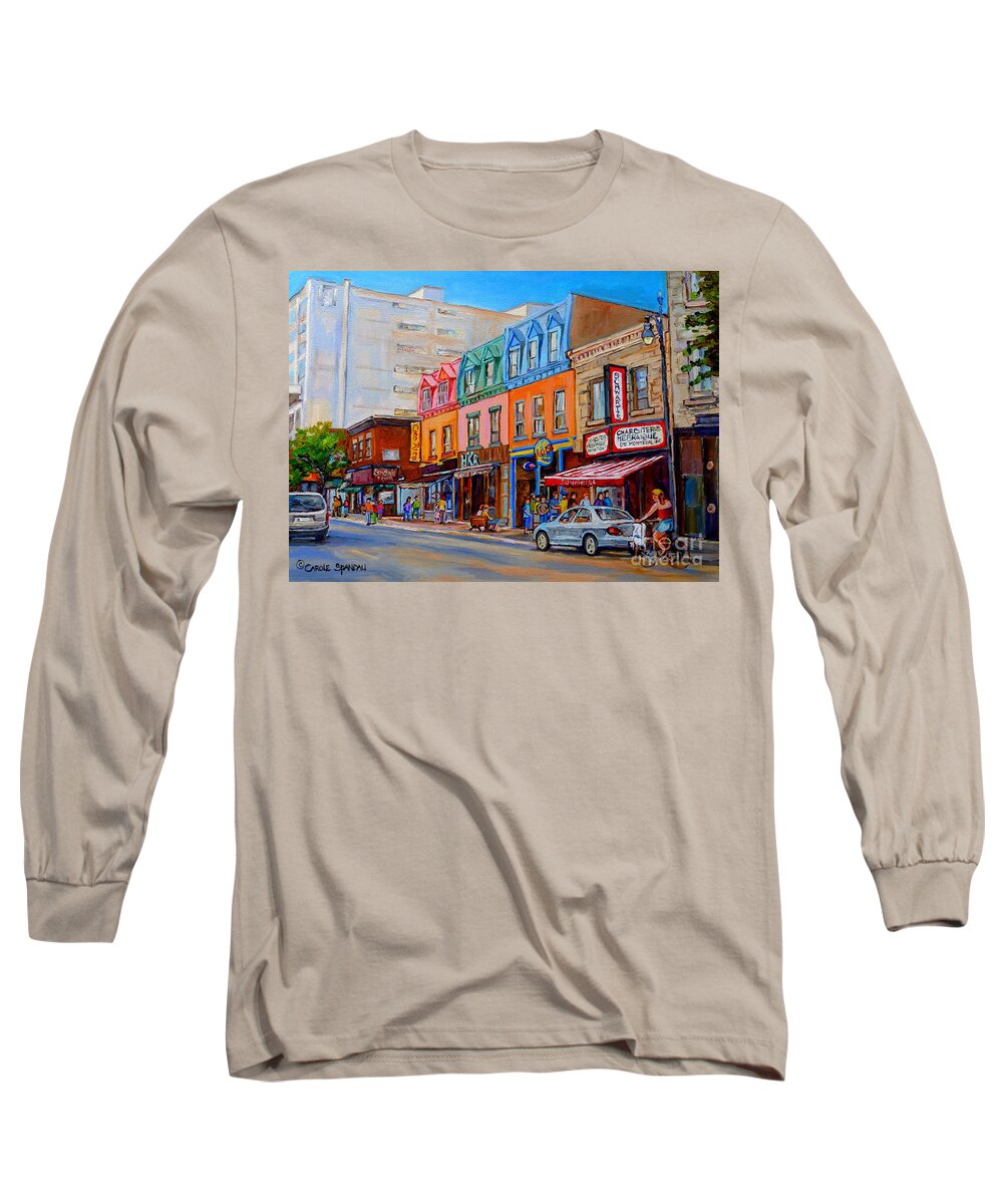 Montreal Long Sleeve T-Shirt featuring the painting Schwartzs Deli Montreal Street Scene by Carole Spandau