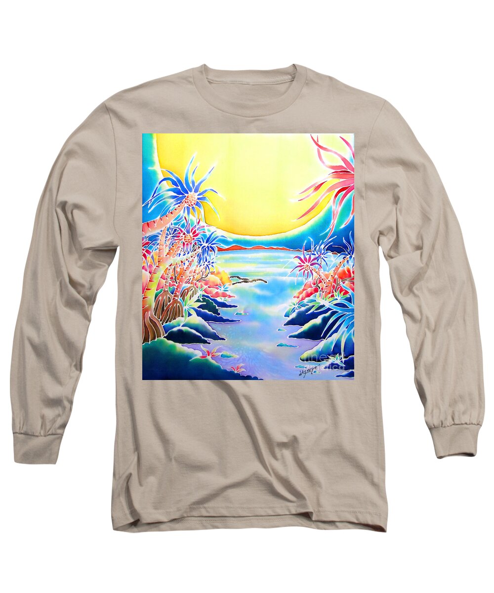 Okinawa Long Sleeve T-Shirt featuring the painting Seashore in the moonlight by Hisayo OHTA