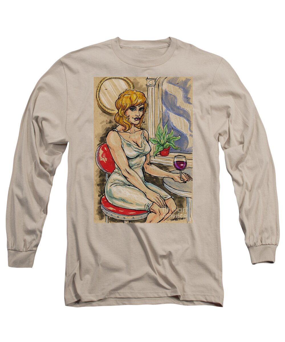 Woman Long Sleeve T-Shirt featuring the drawing Seated Woman with Wine by John Ashton Golden