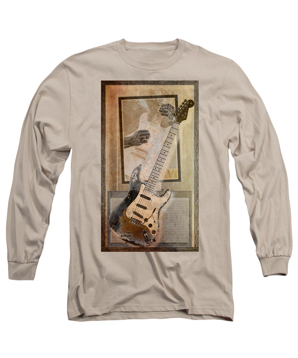 Fender Stratocaster Long Sleeve T-Shirt featuring the digital art Sepia Strat by WB Johnston