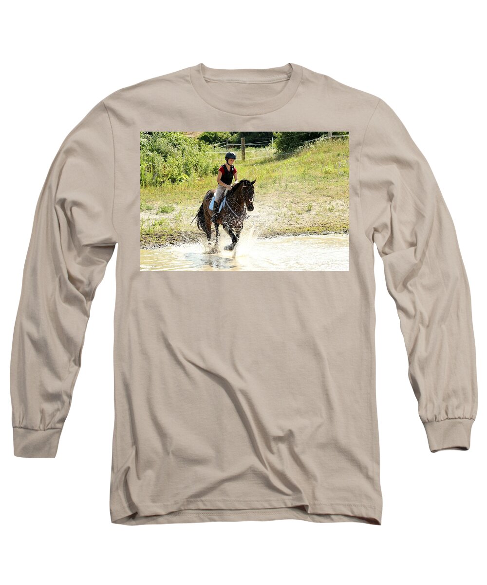 Horse Long Sleeve T-Shirt featuring the photograph Splashing Thru Water Jump by Janice Byer