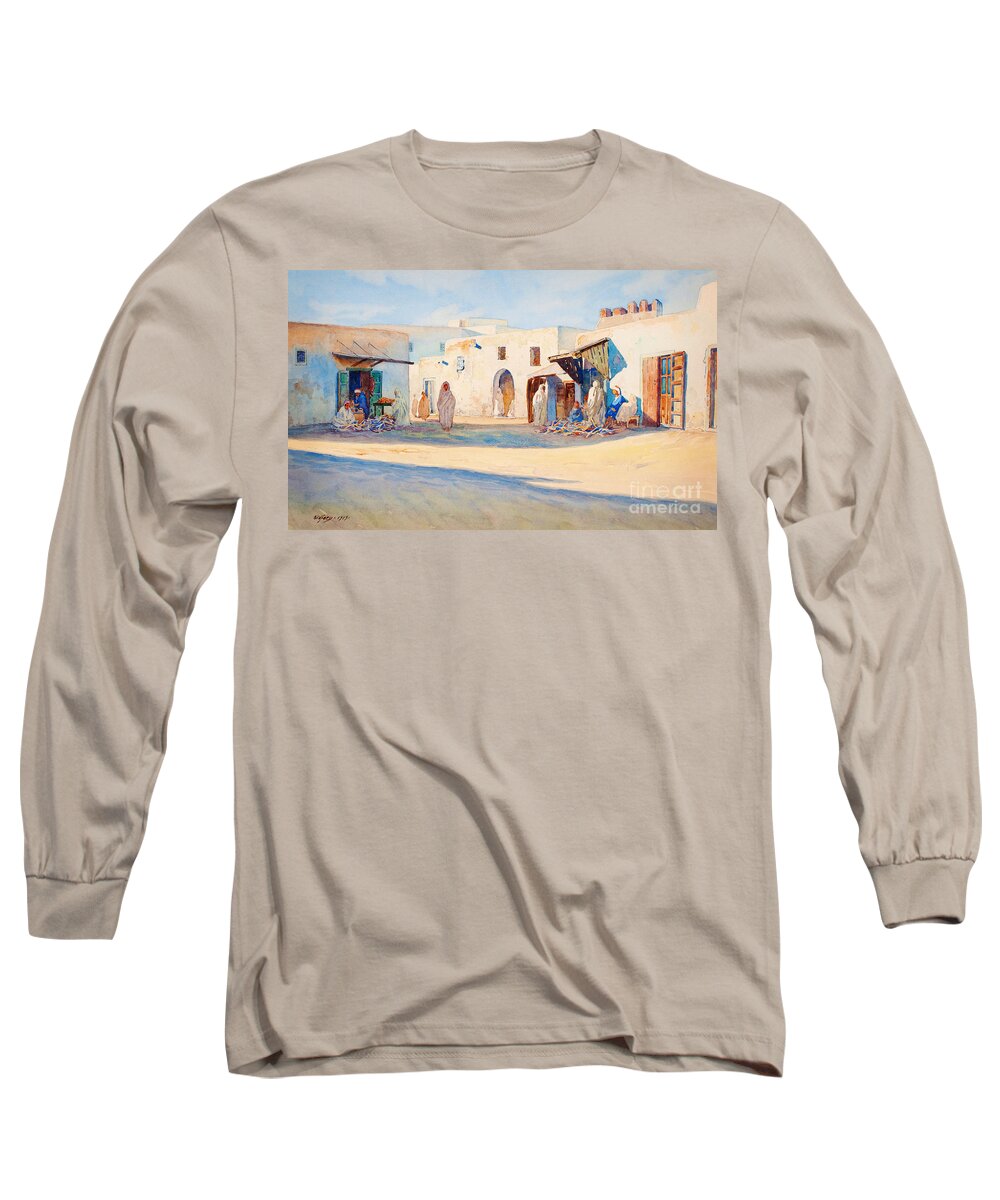Looking Long Sleeve T-Shirt featuring the painting Street scene from Tunisia. by Celestial Images