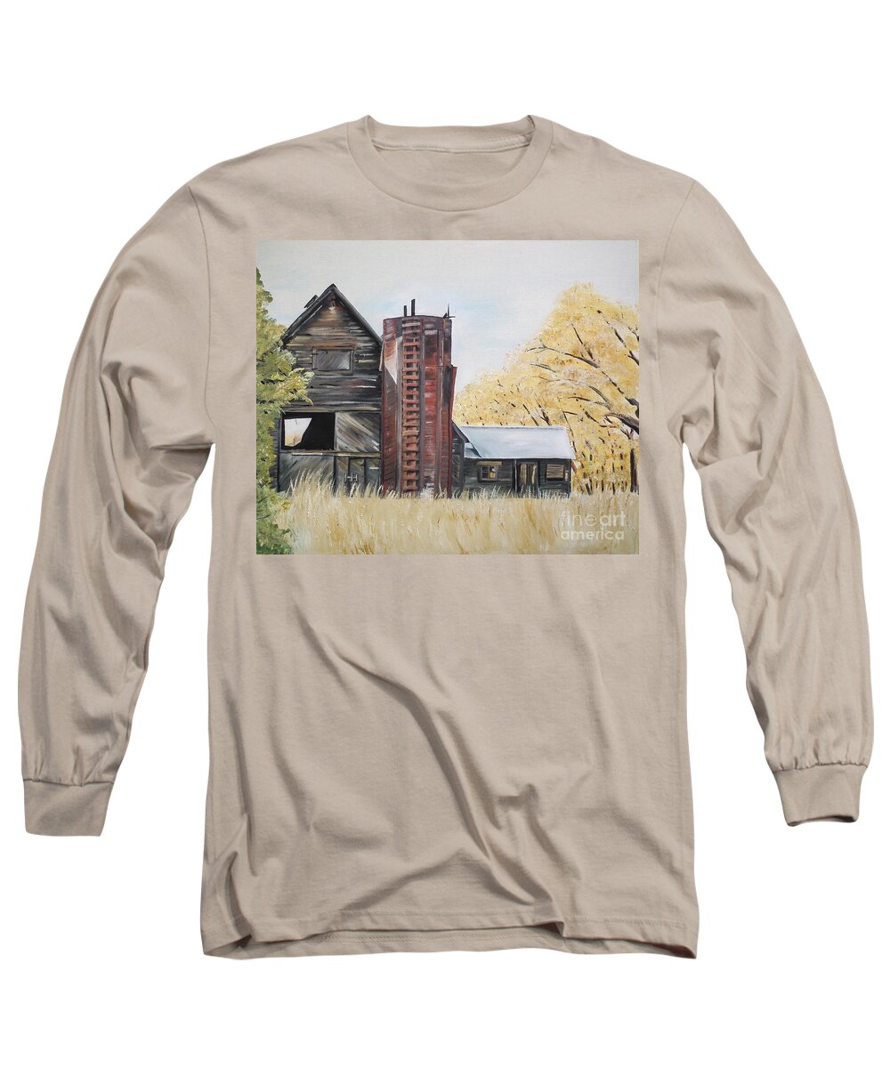 Summer Red Long Sleeve T-Shirt featuring the painting Golden Aged Barn -Washington - Red Silo by Jan Dappen