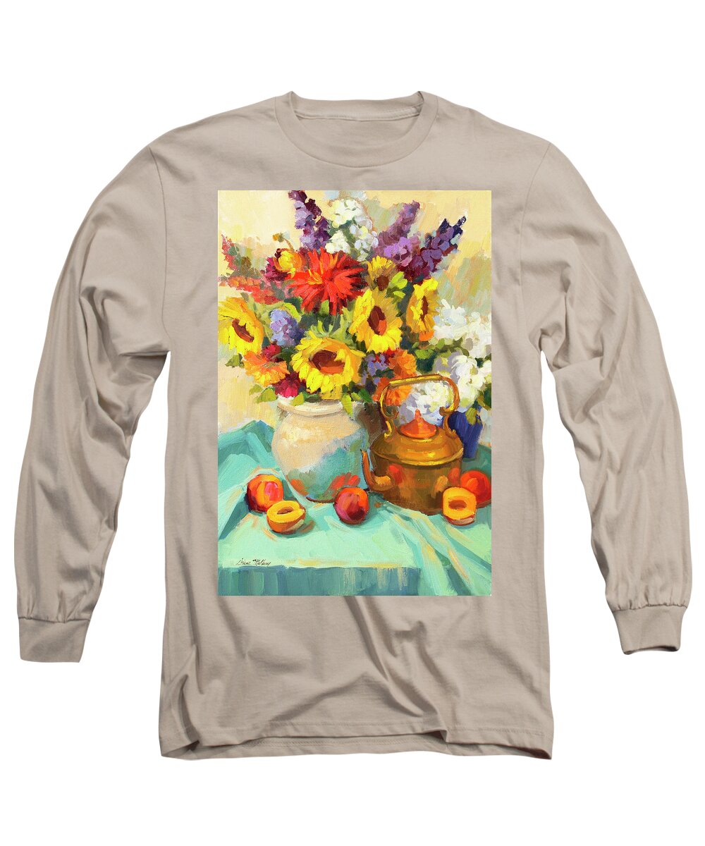 Sunflowers And Copper Long Sleeve T-Shirt featuring the painting Sunflowers and Copper by Diane McClary