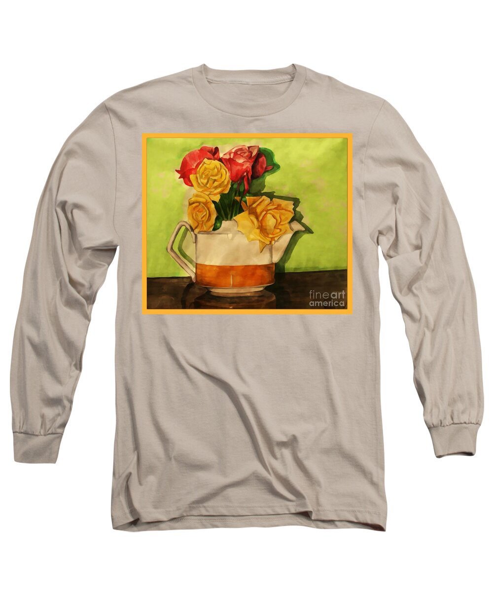Tea Roses Long Sleeve T-Shirt featuring the painting Tea Roses Bordered by Joan-Violet Stretch