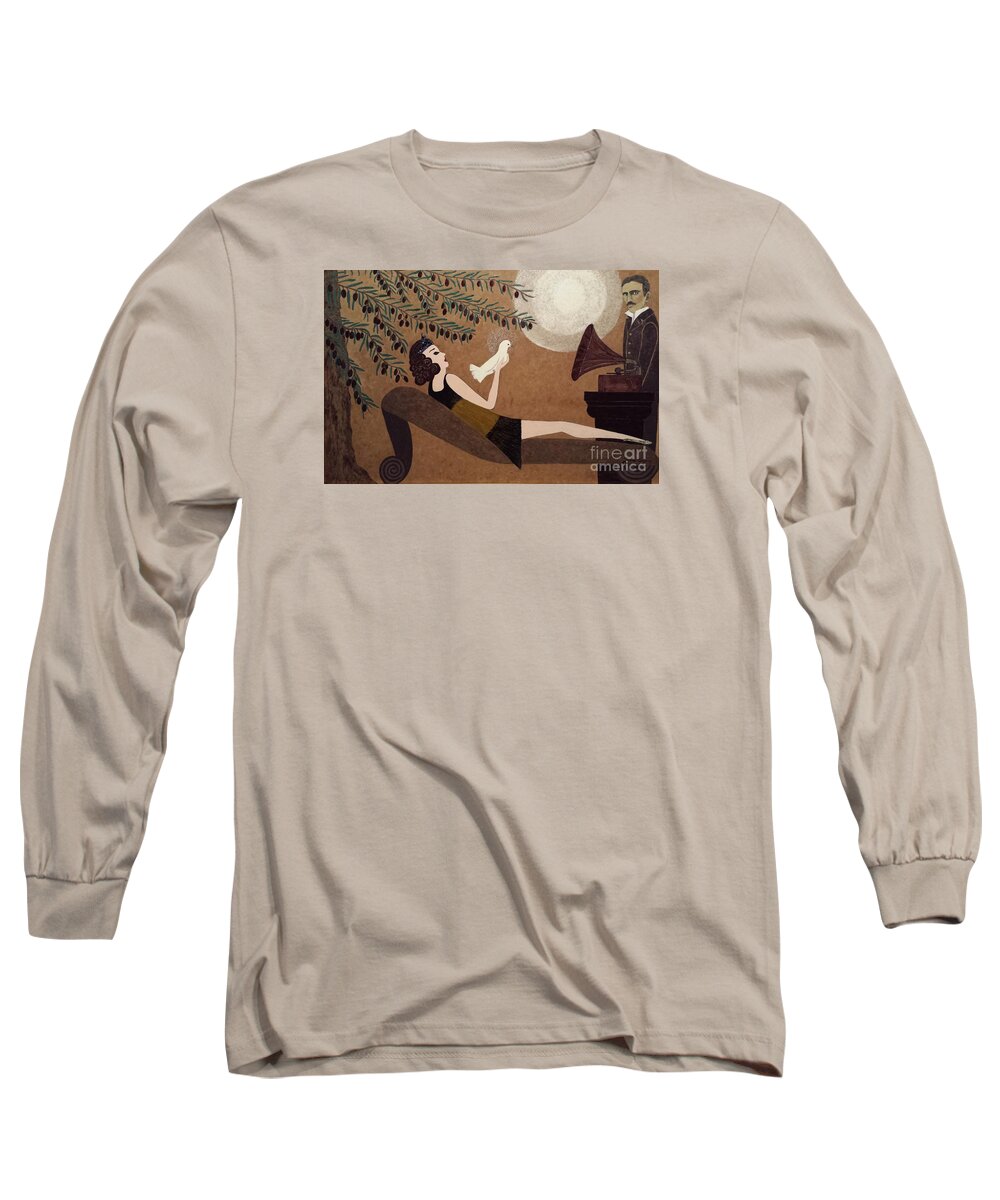 Tesla Long Sleeve T-Shirt featuring the painting Tesla and White Dove by Jasna Gopic