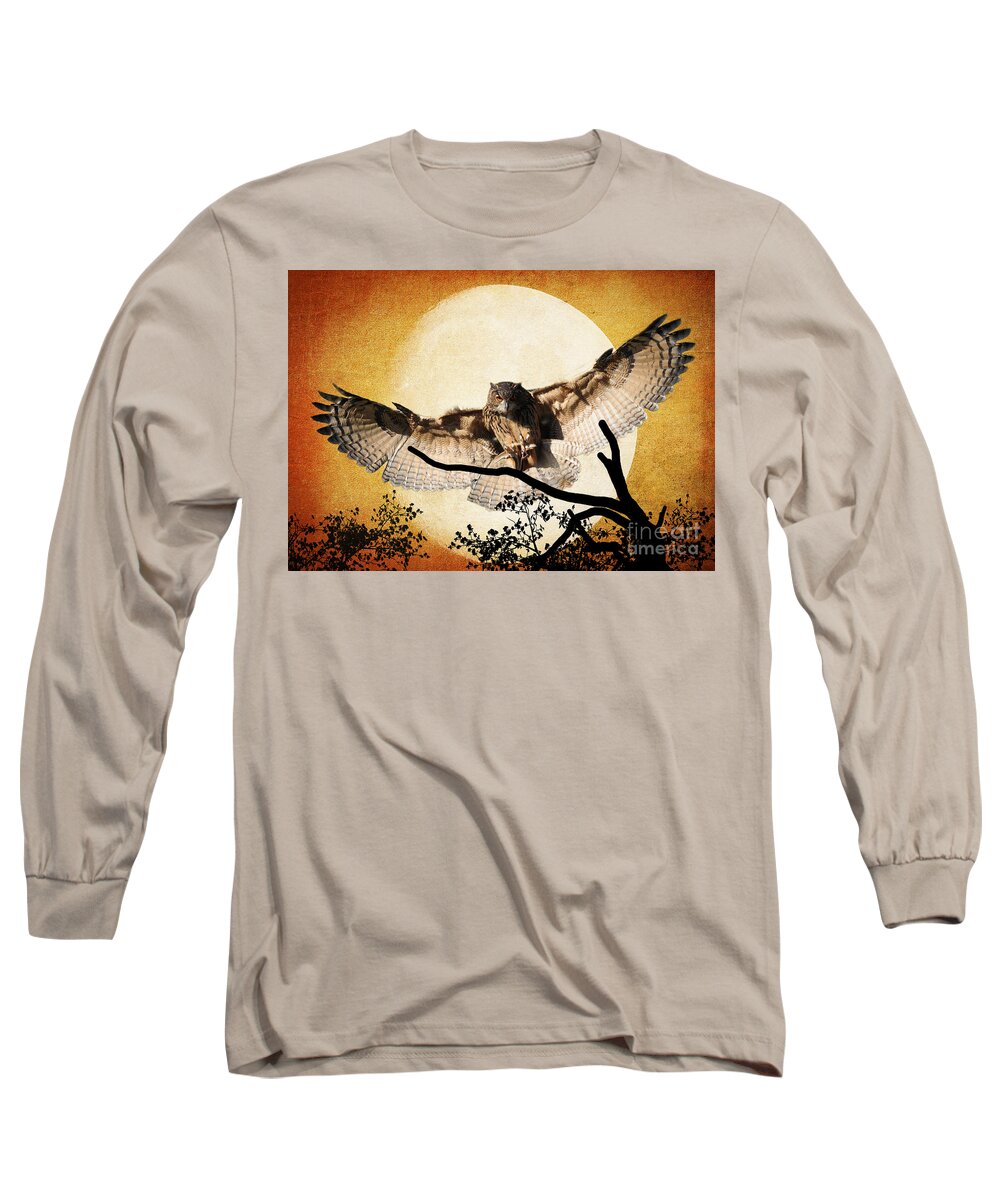 Textures Long Sleeve T-Shirt featuring the photograph The Eurasian Eagle Owl And The Moon by Kathy Baccari