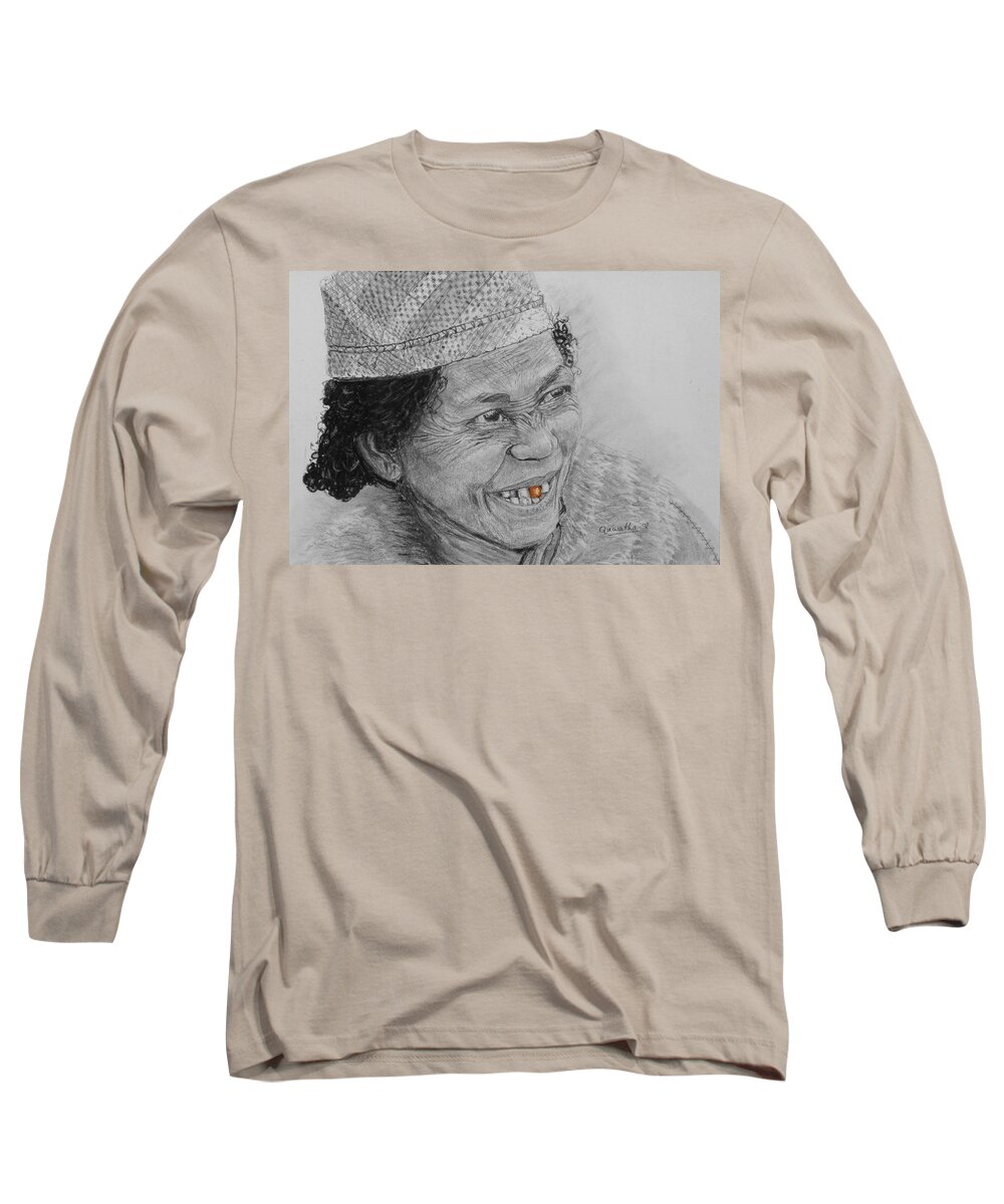 African Long Sleeve T-Shirt featuring the drawing The Gold Tooth by Quwatha Valentine