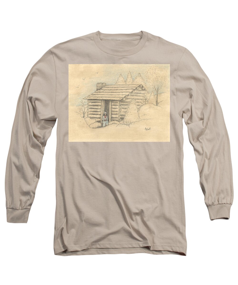 The Old Homeplace Long Sleeve T-Shirt featuring the drawing The Old Homeplace by Carol Neal