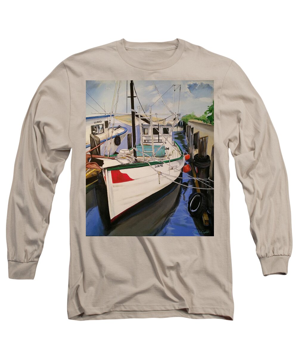 Shrimp Boat Long Sleeve T-Shirt featuring the painting The Wooden Work Boats by John Duplantis