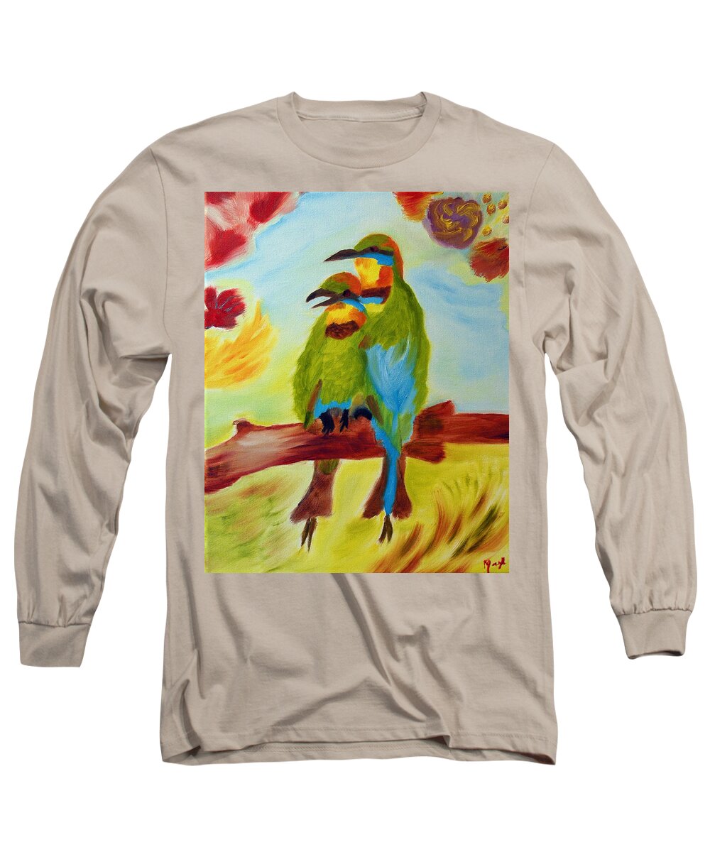 Colorful Birds Long Sleeve T-Shirt featuring the painting Together by Meryl Goudey