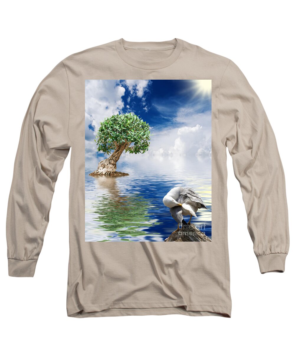 Abstract Long Sleeve T-Shirt featuring the photograph Tree Seagull And Sea by Antonio Scarpi