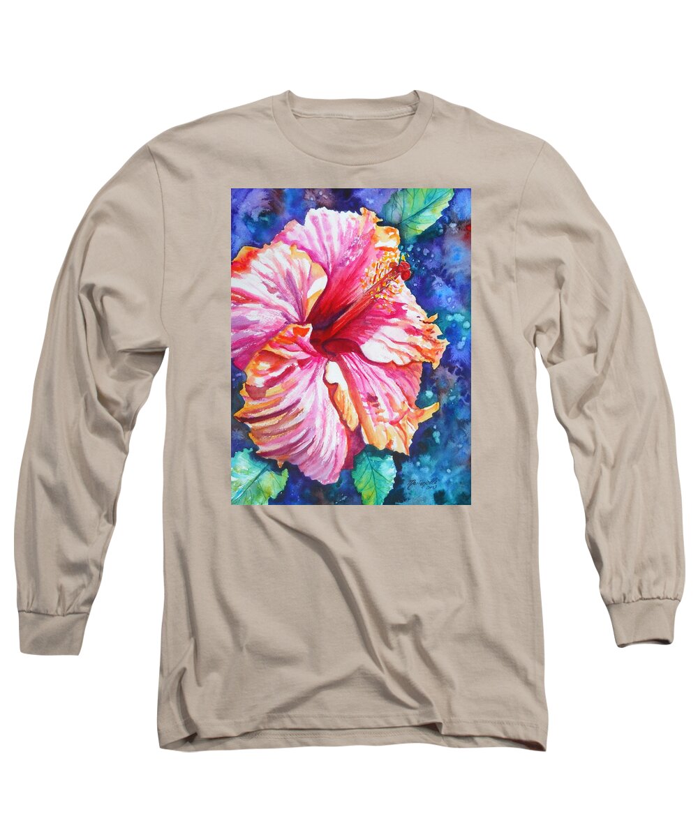 Hibiscus Long Sleeve T-Shirt featuring the painting Tropical Hibiscus 4 by Marionette Taboniar