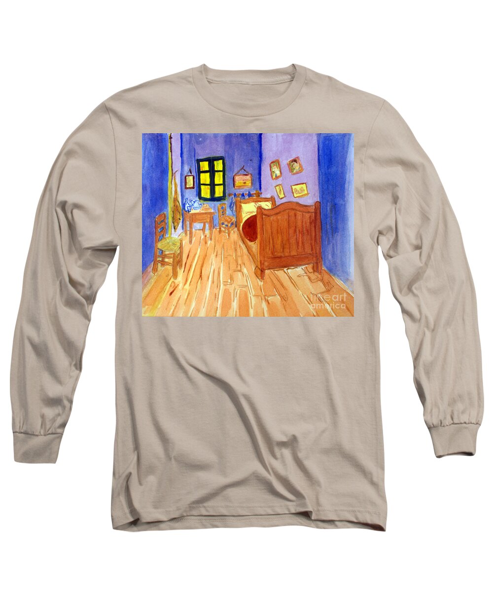 Art Long Sleeve T-Shirt featuring the painting van Goghs Bedroom on Arles in Watercolor by Donna Walsh