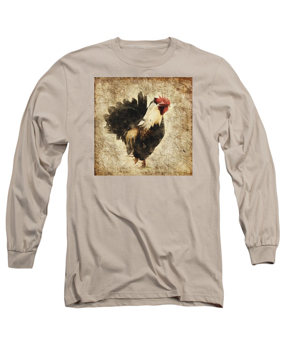 Vintage Long Sleeve T-Shirt featuring the mixed media Vintage Rooster by Georgiana Romanovna
