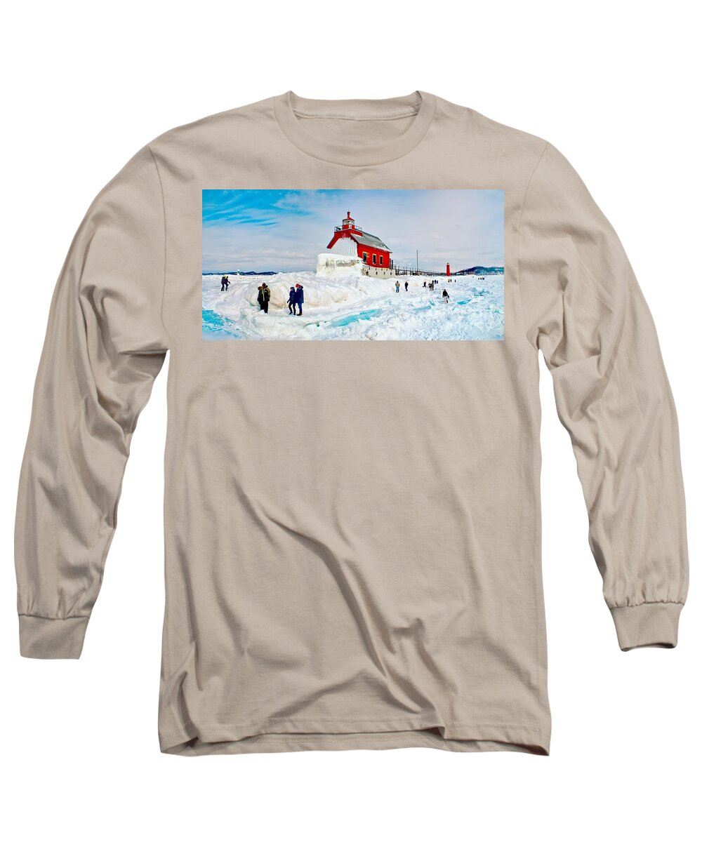 Ice Long Sleeve T-Shirt featuring the photograph Walk on the Ice in Grand Haven by Nick Zelinsky Jr