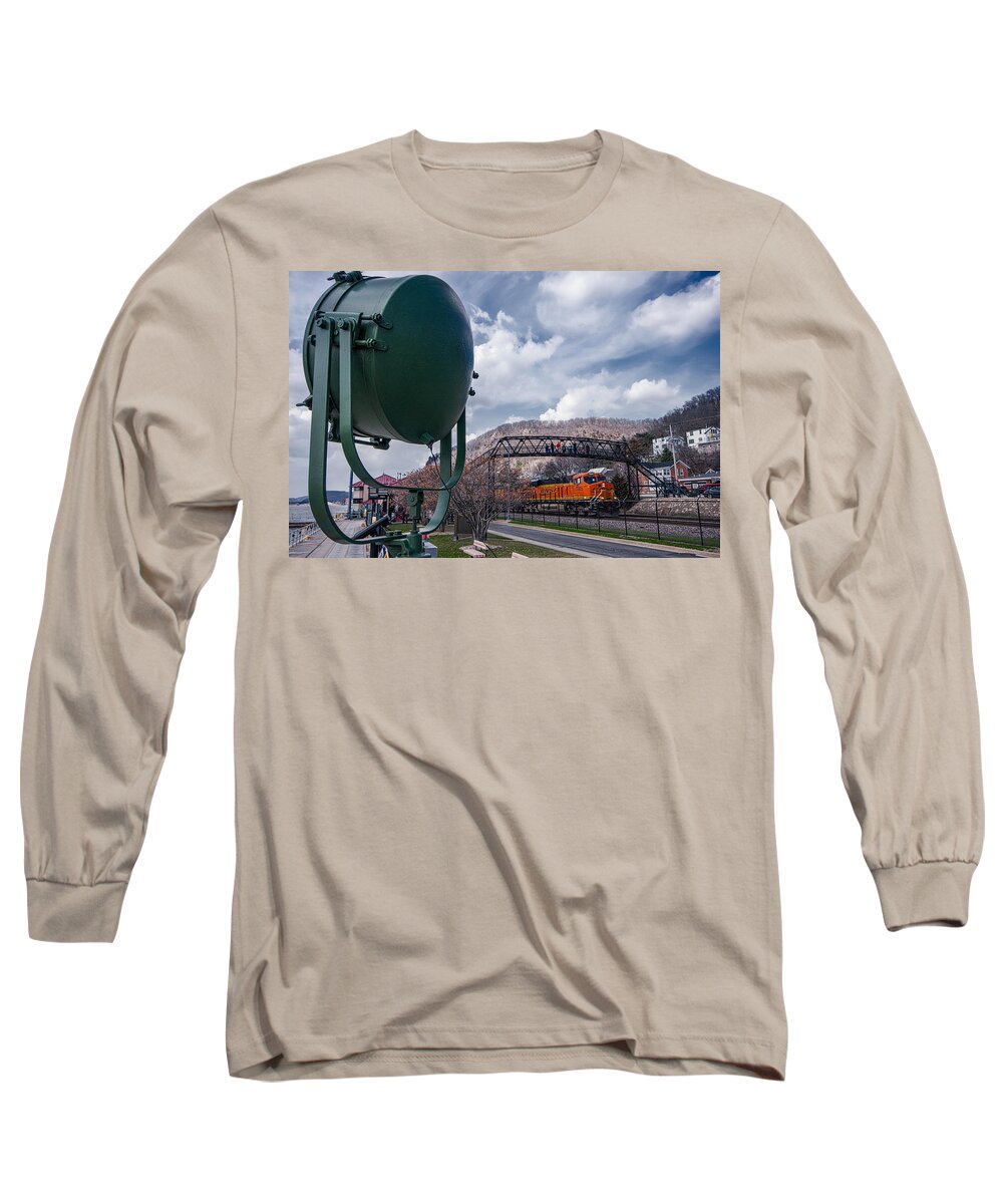 Bnsf Burlington Northern Santa Fe Train Railroad Track Tracks Engine Crossing Spotlight Bluffs Hills Trees Water Mississippi River Green Orange Yellow Blue Grass Hillside Houses Fence Bridge Platform Observe Observation Sky Clouds Spring Alma Wisconsin Great River Road Long Sleeve T-Shirt featuring the photograph Watching the B N S F head South by Tom Gort