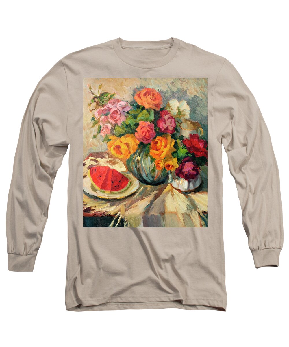 Watermelon And Roses Long Sleeve T-Shirt featuring the painting Watermelon and Roses by Diane McClary