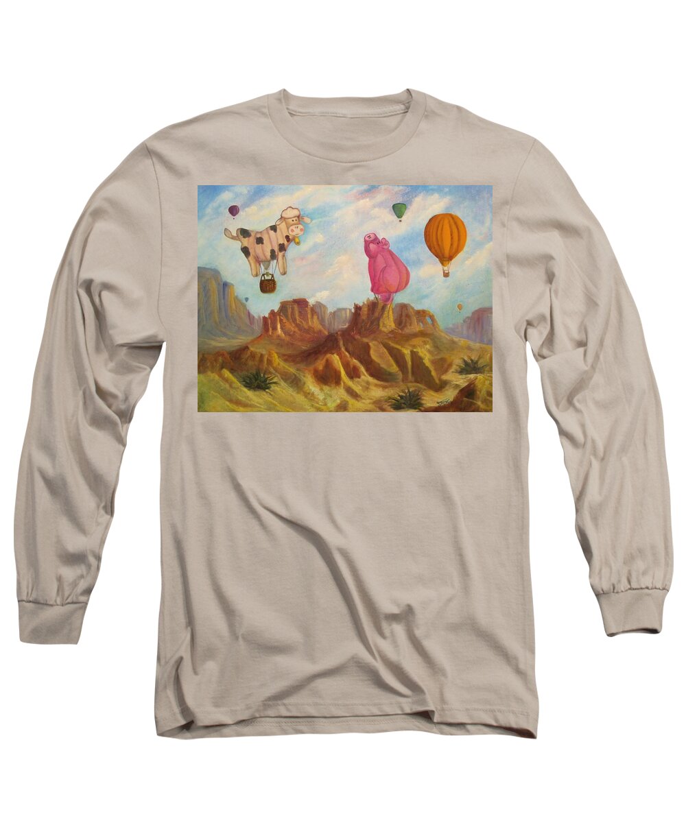 Surrealism Long Sleeve T-Shirt featuring the painting When Pigs Fly by Sherry Strong