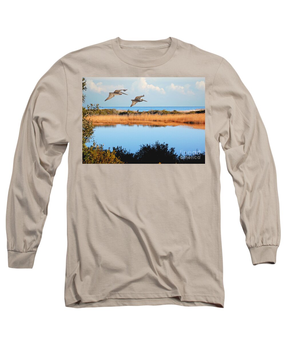 Pelicans Long Sleeve T-Shirt featuring the photograph Where The Marsh Meets The Atlantic by Kathy Baccari