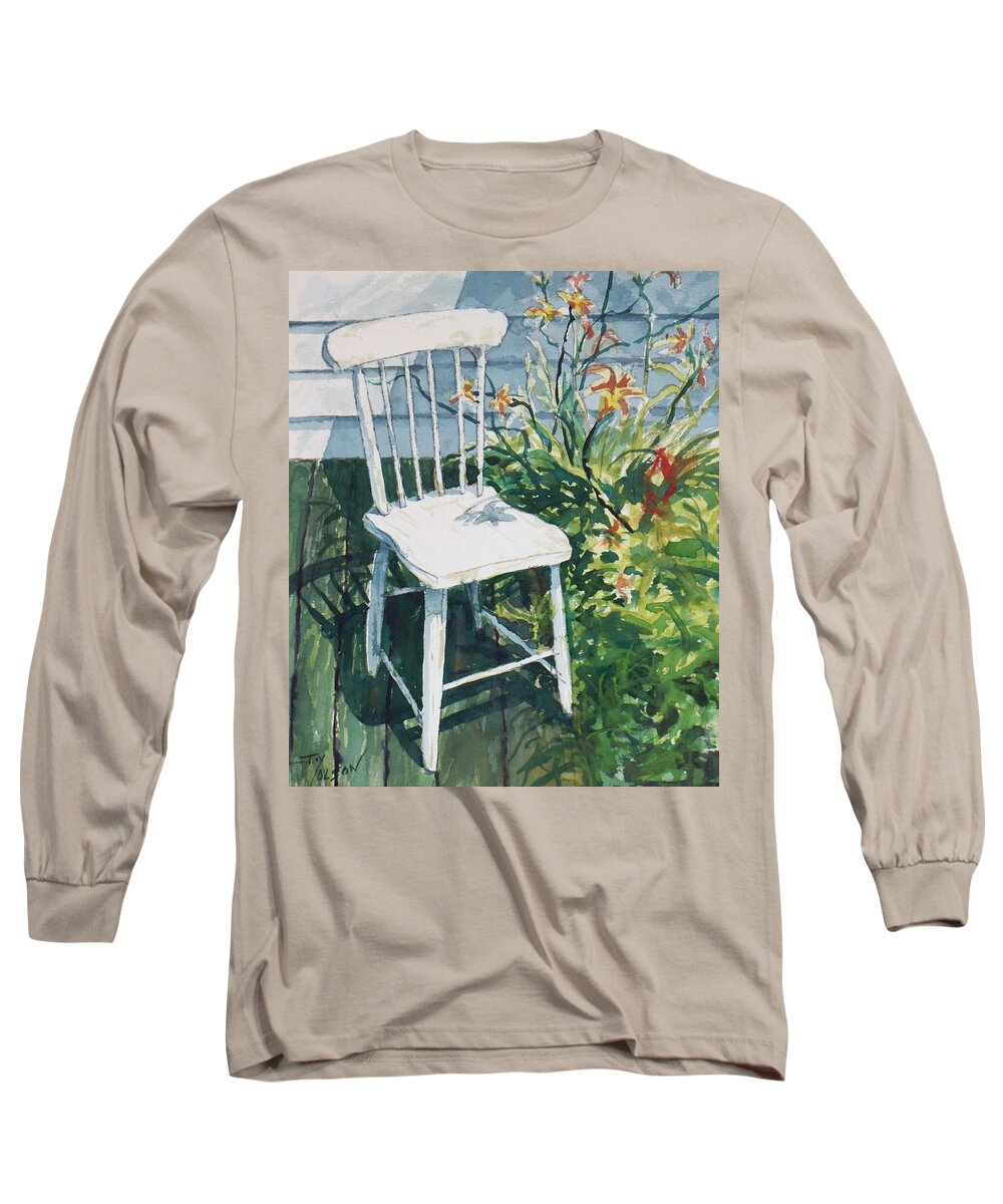 White Long Sleeve T-Shirt featuring the painting White chair and Day Lilies by Joy Nichols