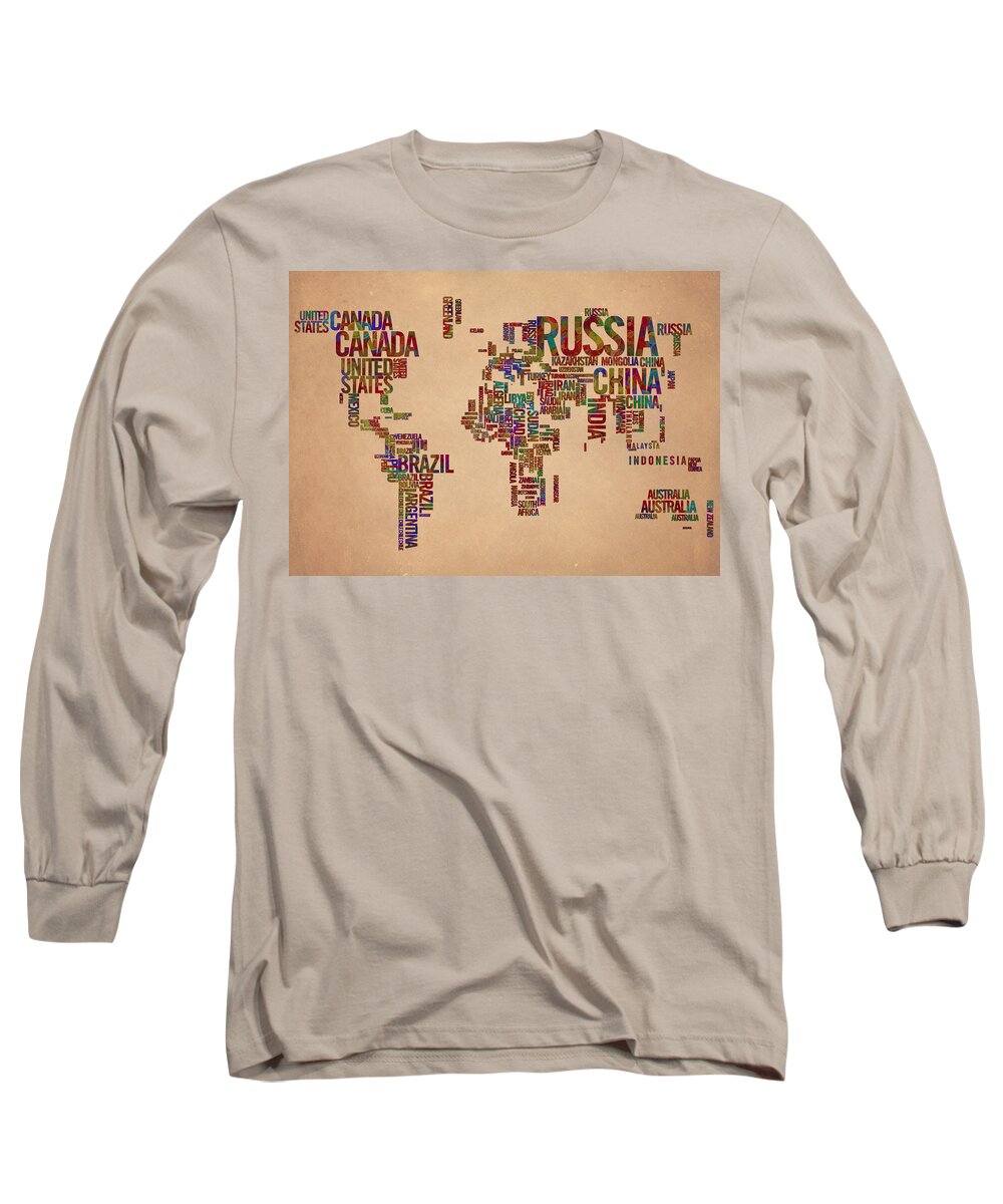 World Map Long Sleeve T-Shirt featuring the painting World Map Typography 2 Watercolor Painting by Georgeta Blanaru