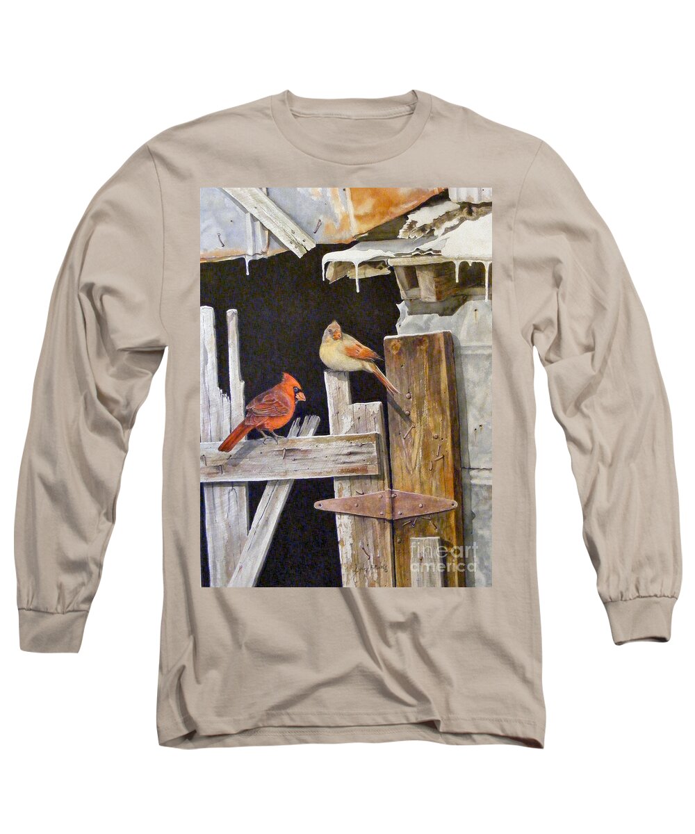 Watercolor. Relistic Long Sleeve T-Shirt featuring the painting A visit to daddy's barn SOLD by Sandy Brindle